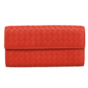 BOTTEGA VENETA Intrecciato Leather Flap Round Bifold Long Wallet Red Women's