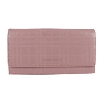 BURBERRY bi-fold wallet embossed leather pink check pattern long L-shaped zipper