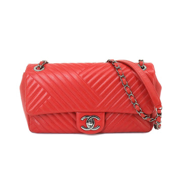 CHANEL chevron V stitch chain shoulder bag leather red silver metal fittings Chevron Bag