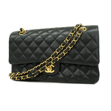 CHANEL Shoulder Bag Matelasse W Flap Chain Caviar Skin Black Gold Hardware Women's