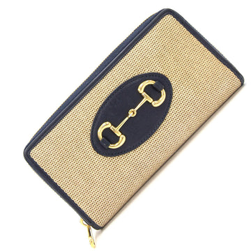 GUCCI Round Long Wallet Horsebit 621889 Beige Navy Canvas Leather Ladies