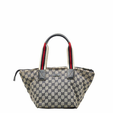 GUCCI GG Canvas Sherry Line Handbag Tote Bag 131228 Beige Navy Leather Women's