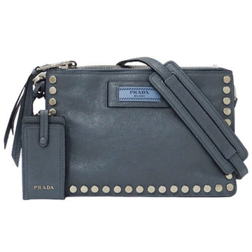 Prada bag Lady's brand shoulder pochette etiquette leather 1BH077 light blue gray studs