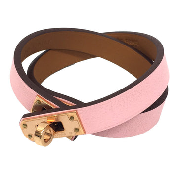 HERMES Leather Bracelet Kelly Double Tour T1 Size Vaud Swift Rose Sakura Pink Gold U Engraved