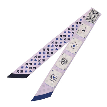 HERMES Twilly JEU DE CARTES Playing Card Pattern Mauve/Blue/White Women's 100% Silk Scarf Muffler