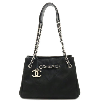 CHANEL V Stitch Chevron Tote Bag Shoulder Chain Canvas Leather Black