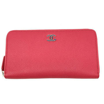 CHANEL Round Zipper A84204 Pink Leather Coco Mark Women's Long Wallet