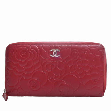 CHANEL leather camellia coco mark round long wallet - red