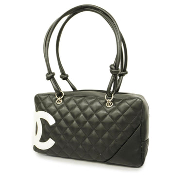 CHANEL Shoulder Bag Cambon Lambskin Black White Silver Hardware Women's