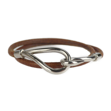 HERMES jumbo choker necklace leather brown silver double bracelet
