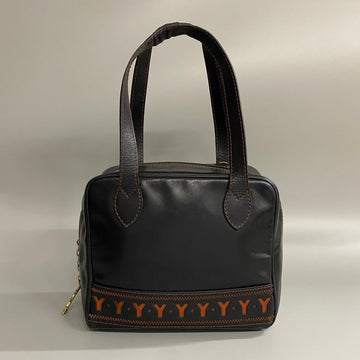 YVES SAINT LAURENT Logo Y Stitch YSL Charm Leather Genuine Handbag Mini Tote Bag Black