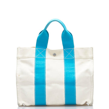 HERMES Bora PM Tote Bag Handbag Turquoise Blue White Canvas Women's