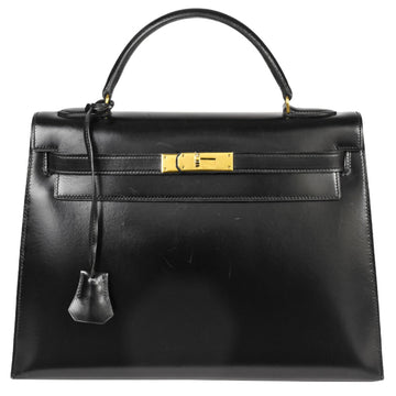 HERMES Kelly 32 outside stitching handbag box calf noir 〇 M stamp [manufactured in 1983]