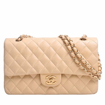 CHANEL Leather Matelasse Coco Mark W Flap Chain Shoulder Bag Beige Women's