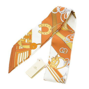 HERMES Twilly Horse Bridle and Charm BRIDES ET GRIS Caramel White Bronze Silk Scarf