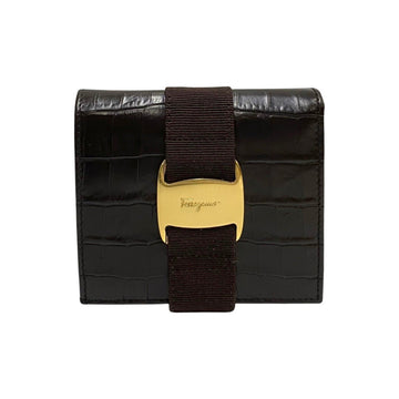SALVATORE FERRAGAMO Vara Hardware Leather Genuine Bifold Wallet Mini Brown