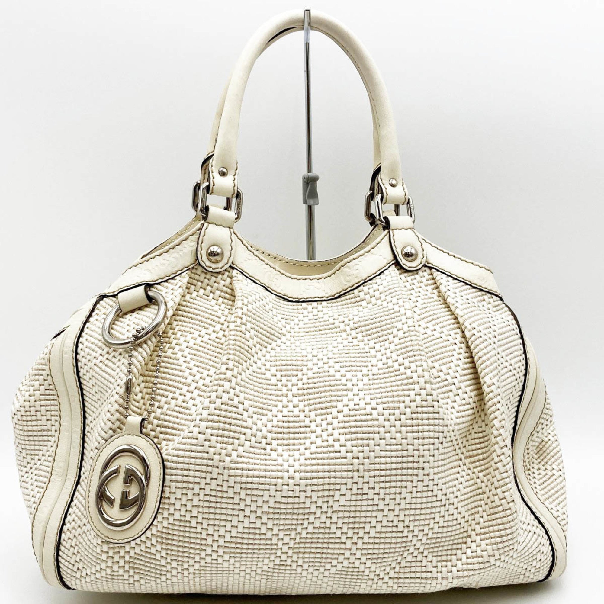 GUCCI Sookie sima Diamante Shoulder Bag Tote Ivory Straw Leather Ladie