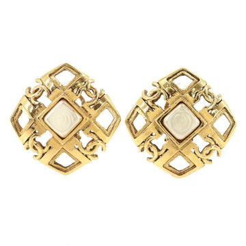 Chanel fake pearl here mark square type earrings gold white 23 accessories vintage