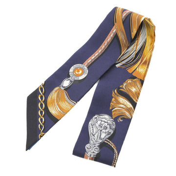 HERMES Twilly CAVALCADES Cavalry Marching Muffler/Scarf Marine/Gold/Grease 100% Silk