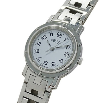 HERMES Watch Ladies Clipper CL4.210 Date Quartz Stainless Steel SS Silver White Polished