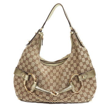 GUCCI GG Canvas Horsebit Hobo Bag Beige Gold Shoulder 131026 Ladies