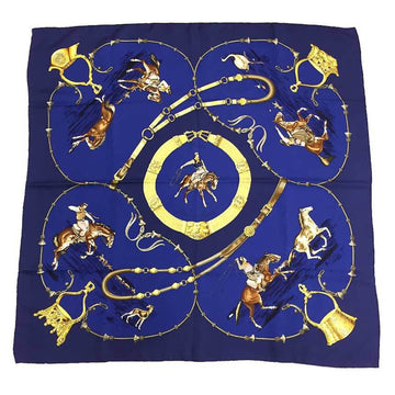 HERMES Scarf Carre 90 Pampa Prairie Cowboy Horse Blue 100% Silk