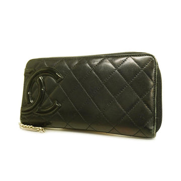 CHANEL Long Wallet Cambon Lambskin Black Silver Hardware Women's