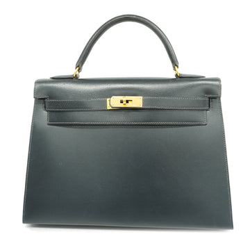 HERMES[3ae5379] Auth  handbag Kelly 32 〇W engraved box calf blue indigo gold metal
