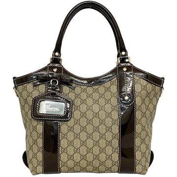 Gucci Tote Bag Beige Brown GG Supreme 203521 PVC Patent Leather GUCCI Handbag Plus Charm Enamel Ribbon Ladies