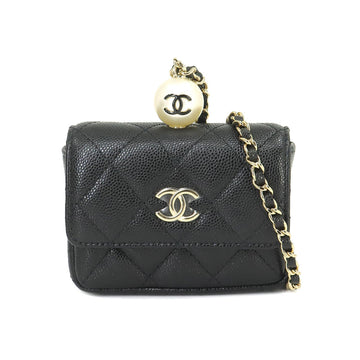 CHANEL Matelasse Chain Coin Case Purse Caviar Skin Black Fake Pearl AP2119