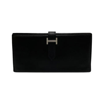 HERMES Bearn Vaux Epson Leather Genuine Folding Long Wallet Black