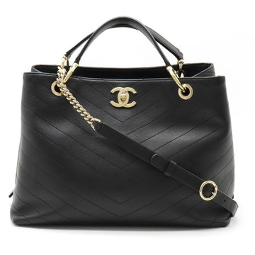 CHANEL V stitch tote bag handbag chain shoulder leather black