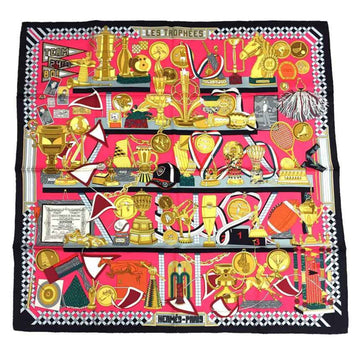 HERMES Scarf Muffler Carre 90 LES TROPHEES Trophy Black x Pink NOIR/ROSE VIF/VIEIL OR 100% Silk