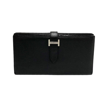 HERMES Bean Souffle Vaux Epson Leather Genuine Bifold Long Wallet Black
