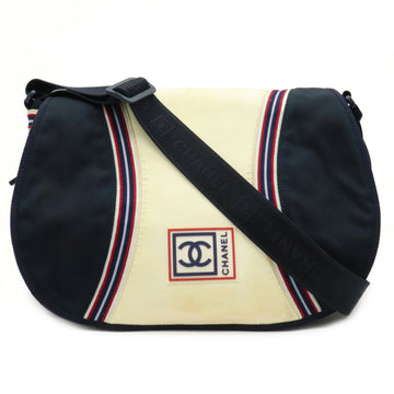 Chanel sports line here mark shoulder bag nylon canvas navy beige