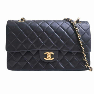 CHANEL Lambskin Matelasse 25 Coco Mark W Flap Chain Shoulder Bag - Black