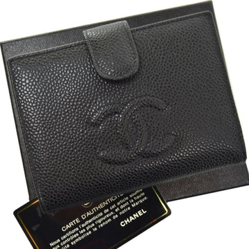 Chanel Wallet Coco Mark Black Gold Caviar Skin Folded Ladies