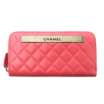 CHANEL Round Zipper Long Wallet Matelasse Lambskin Pink Women's A80979