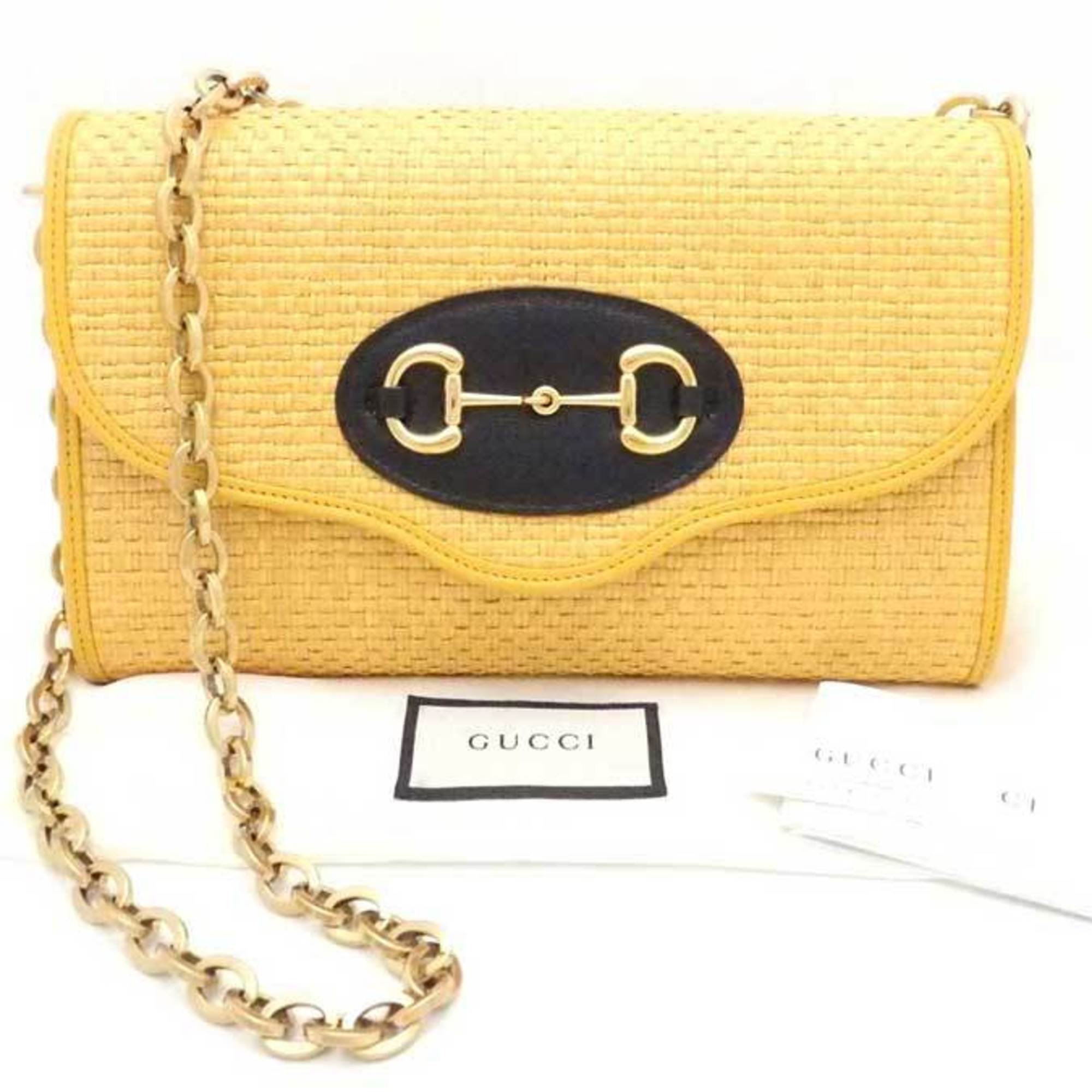 GUCCI Shoulder Bag Horsebit Straw Leather Yellow x Black Gold Women s