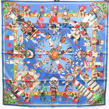 HERMES Carres 90 KACHINAS Kachina Indian Guardian Deity Ethnic Pattern Women's Silk Scarf Blue,Multi-color