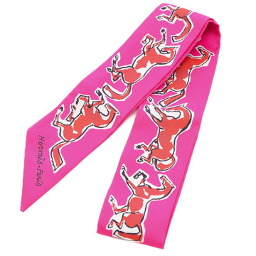 HERMES Twilly Freedom Horse CHEVAUX EN LIBERTE Rose Indian Rouge White Silk Scarf