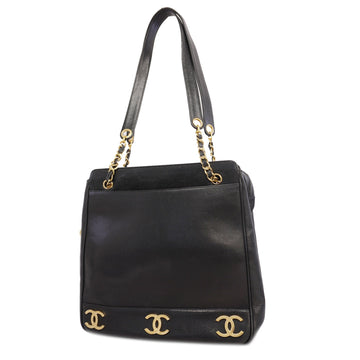 Chanel Shoulder Bag Triple Coco Caviar Skin Black Gold metal