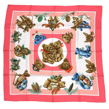 HERMES Scarf Muffler Carre 90 CONFIDENTS DES COEURS Friend of the Heart Bear Tidy Pink x Brown Blue 100% Silk