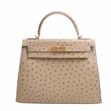 HERMES Ostrich Kelly 28 2WAY Handbag Ivory Ladies