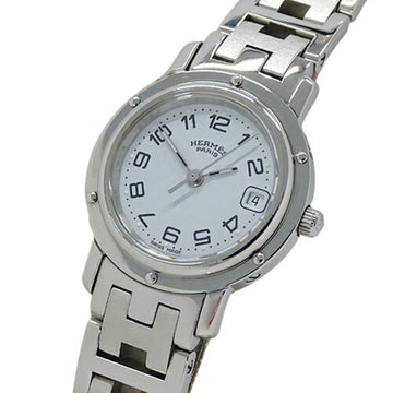 HERMES Watch Ladies Clipper Date Quartz Stainless Steel SS CL4.210 Silver White Polished