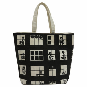 CHANEL Windows Line Canvas Tote Bag Black White Ladies Illustration Pattern