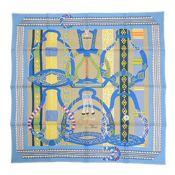 HERMES Carre 90 Scarf Stirrup Fantasy FANTAISIE D'ETRIERS Blue Silk 100%