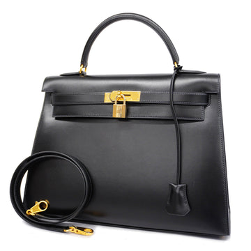 HERMESAuth  Kelly Kelly 32 〇W Stamp Women's Leather Handbag,Shoulder Bag Black