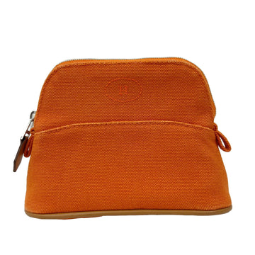 HERMES Bolide Pouch Mini Cotton Leather Ivory Orange Silver Metal Fittings Accessory Case Women's Men's