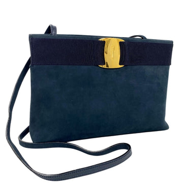 SALVATORE FERRAGAMO Shoulder Bag Valara Ribbon BZ-21 0588 Suede Navy Ladies